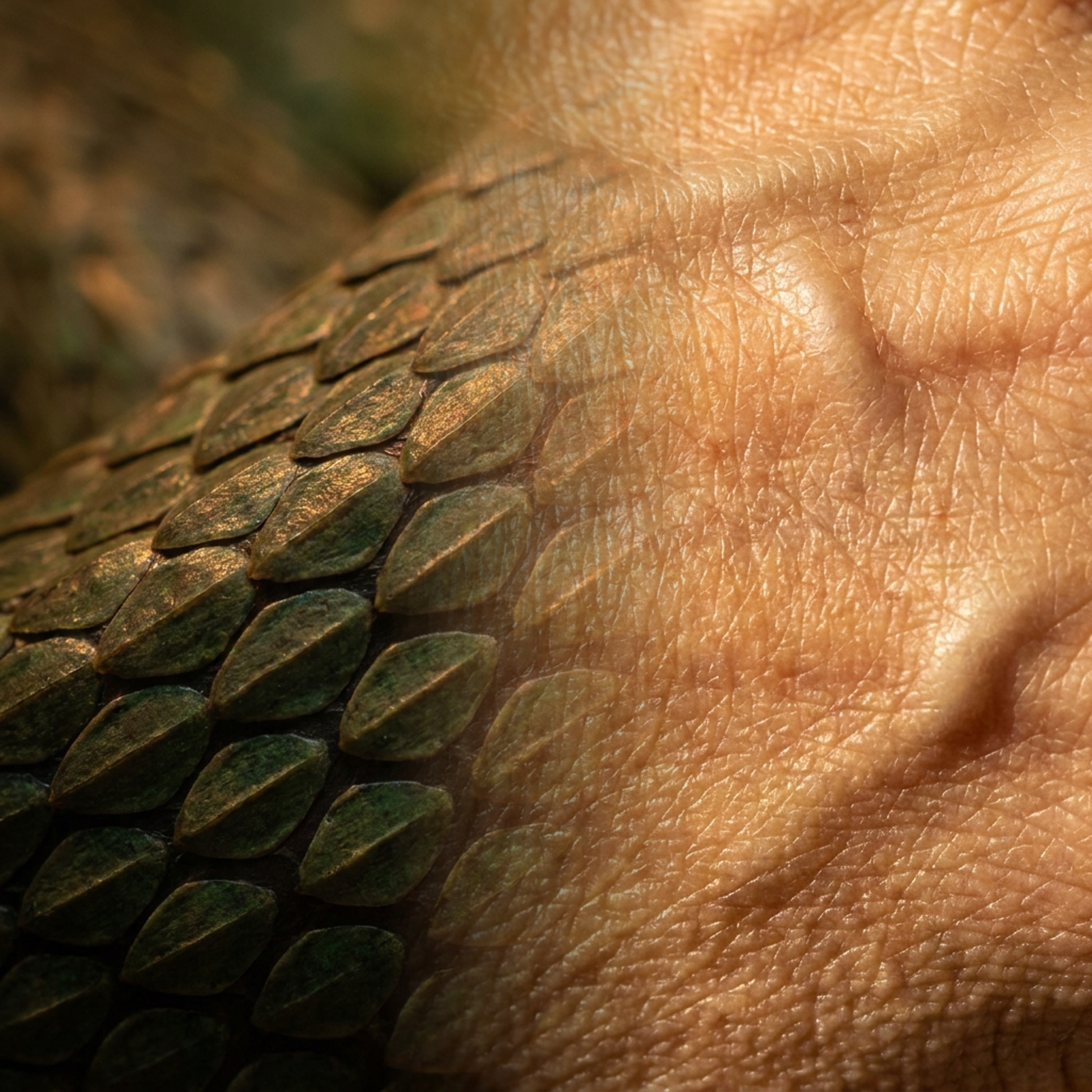 Temple viper scale pattern dissolving into mature human skin texture