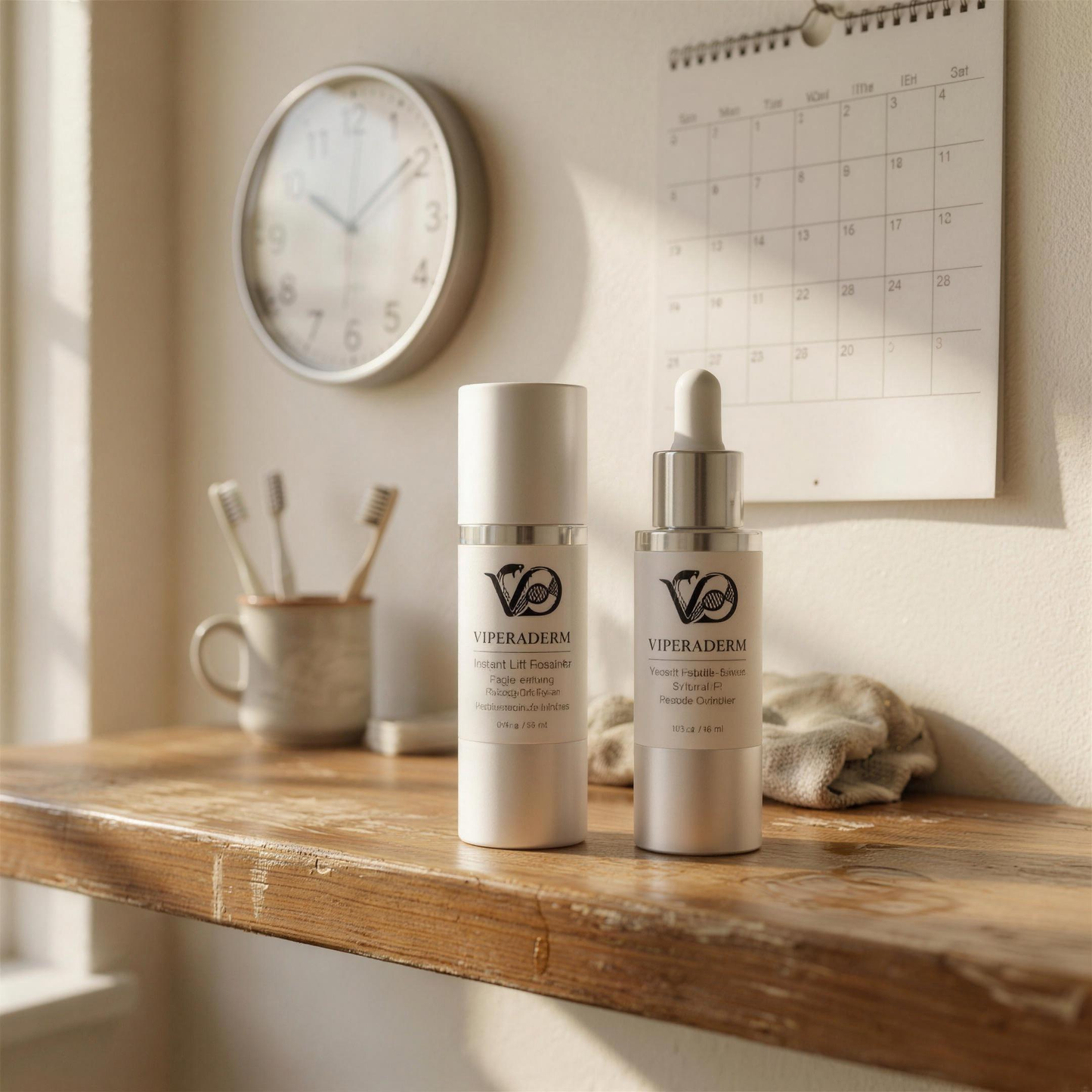 Instant Lift Formula and Venom Peptide Serum on a bathroom shelf, a clock behind one and a calendar behind the other
