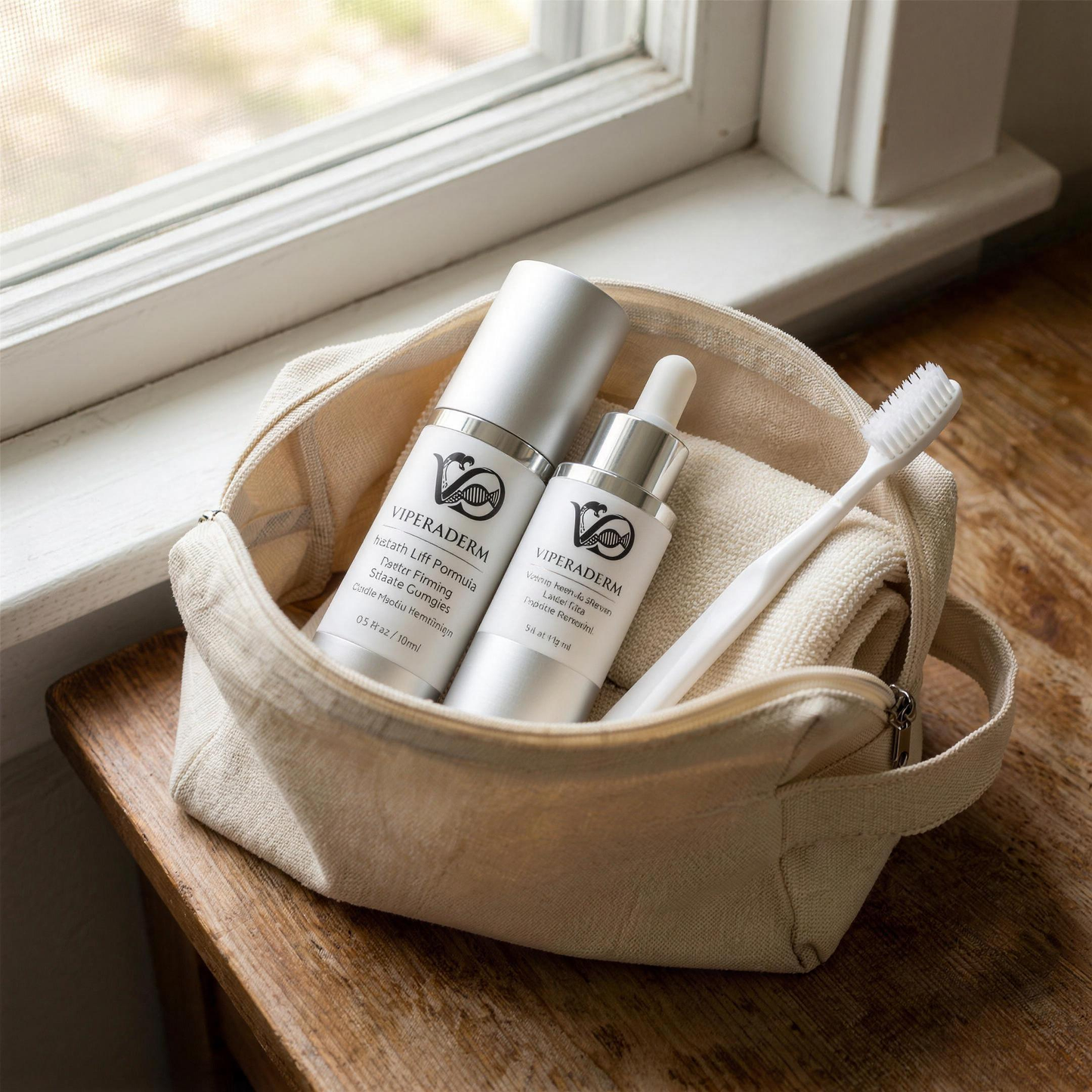 Instant Lift Formula and Venom Peptide Serum packed in a travel bag with a toothbrush