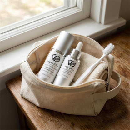 Instant Lift Formula and Venom Peptide Serum packed in a travel bag with a toothbrush