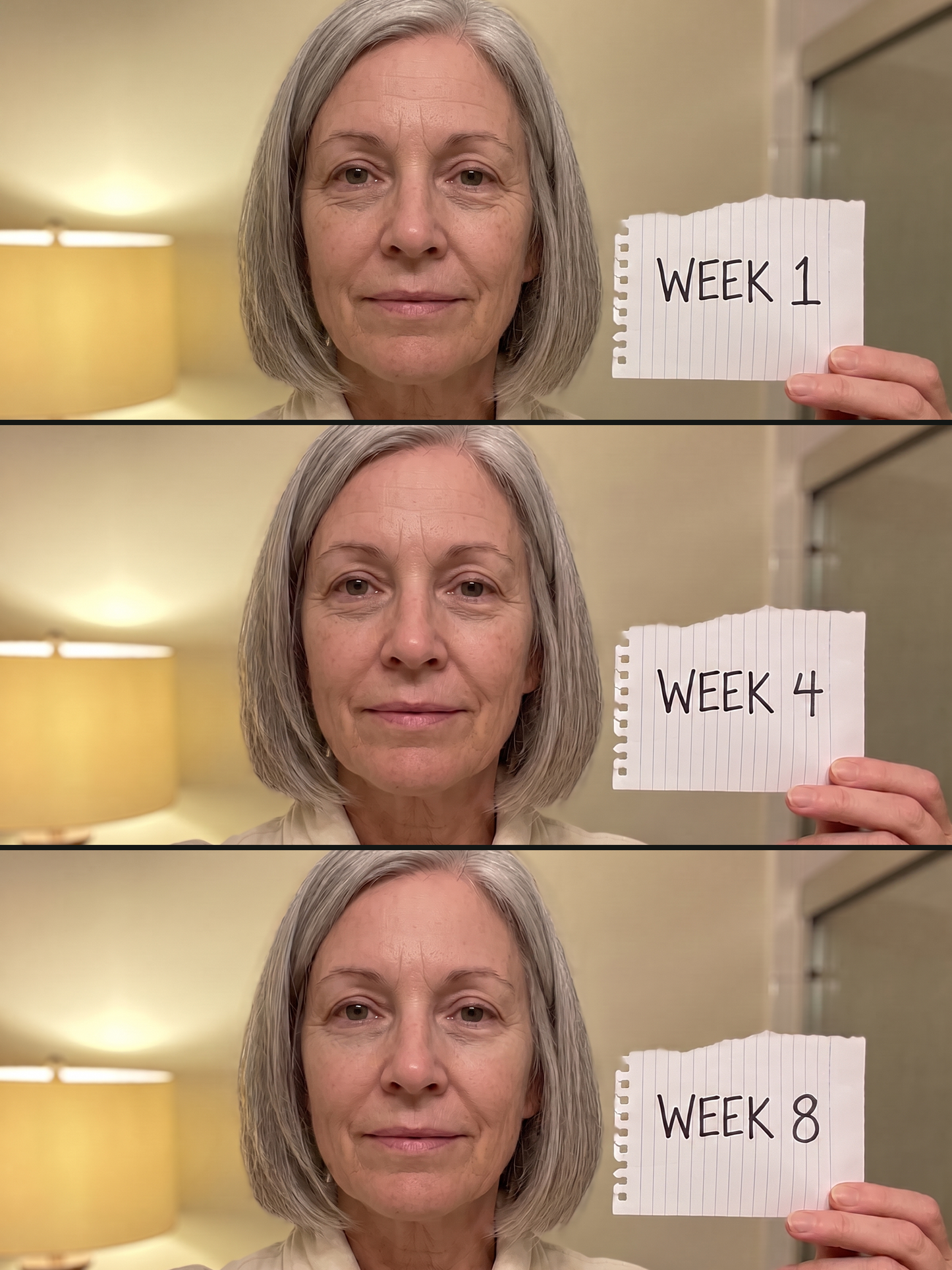 The eight week nightly ritual: the same woman holding handwritten Week 1, Week 4 and Week 8 cards in her bathroom mirror